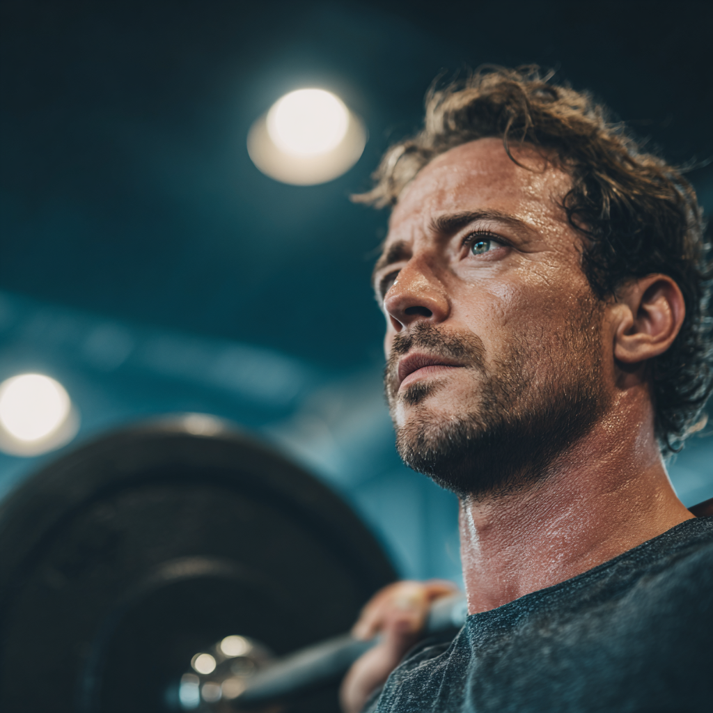 Determined man lifting weights in modern gym with focused expression