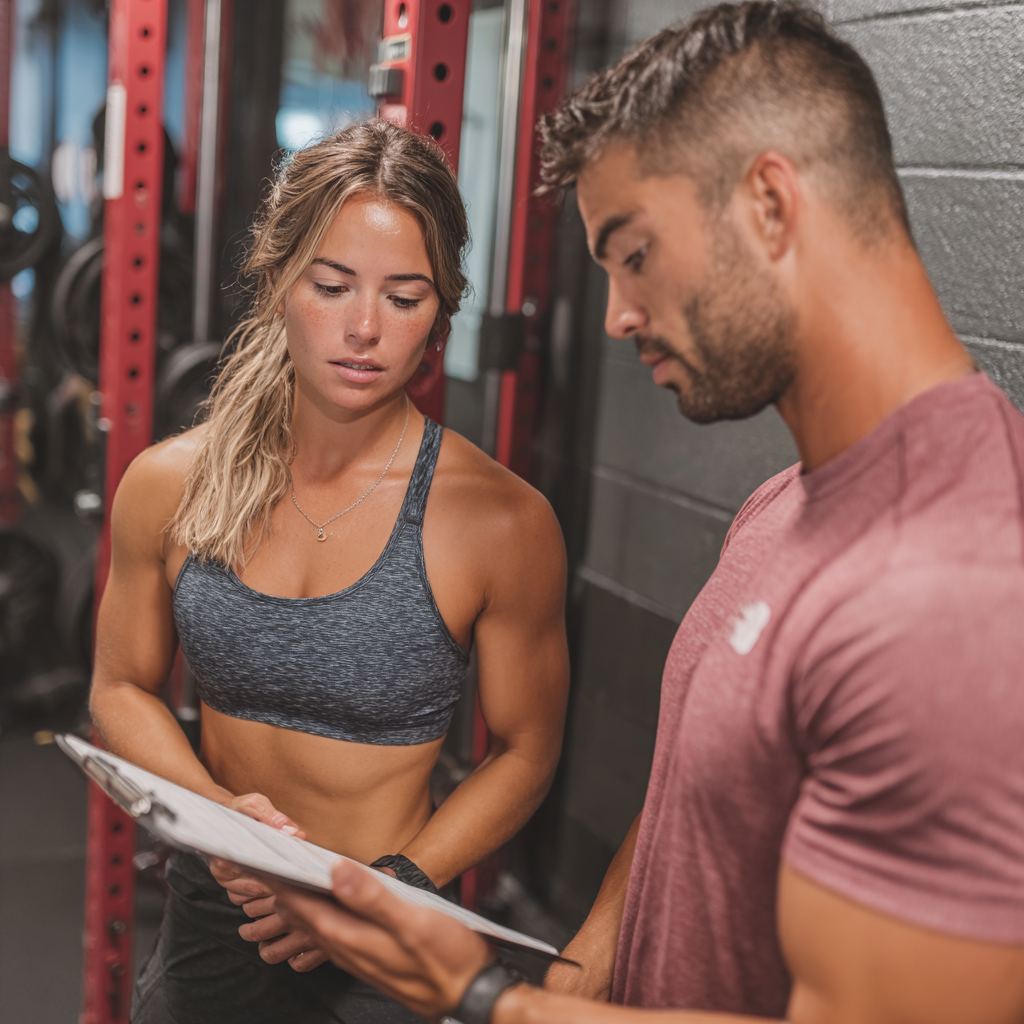 Personal trainer working with client on customized workout plan in professional setting